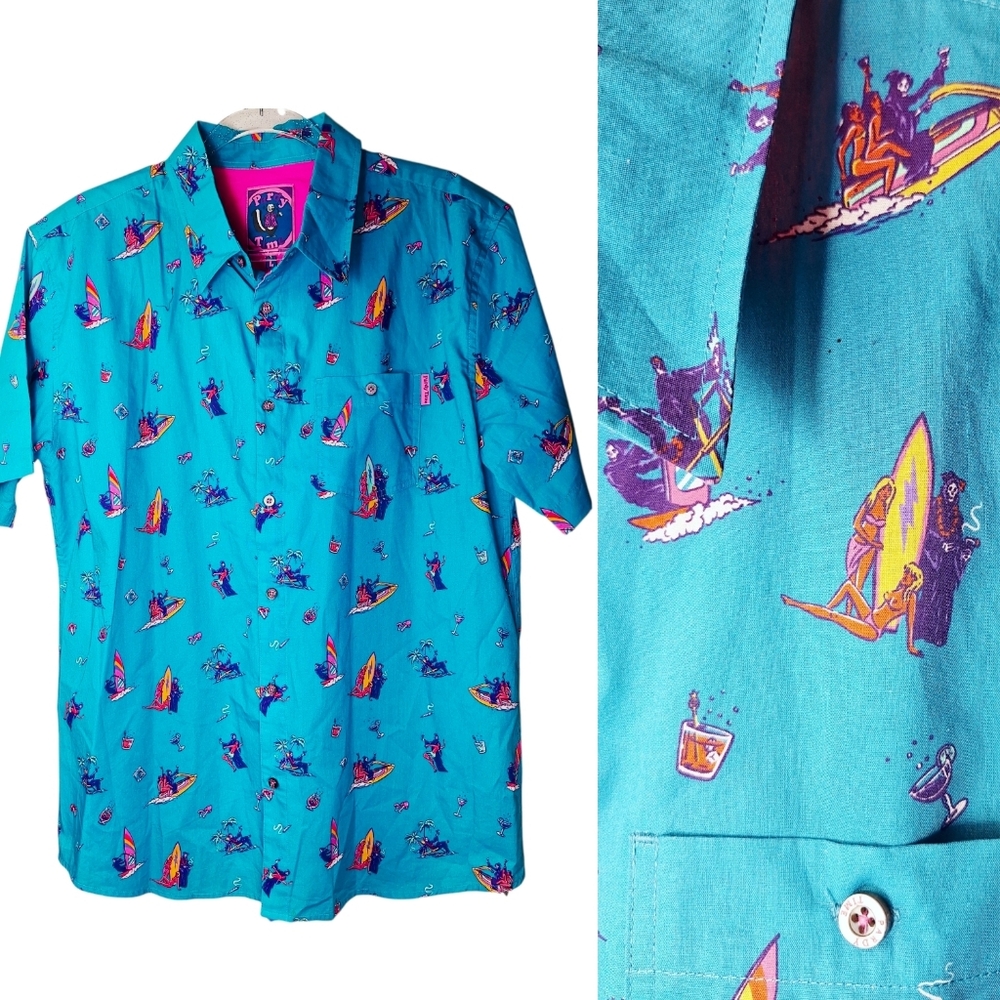 Pardy Time Grim Reaper Hawaiian Button Down Shirt Mens Large Short Sleeve Funny